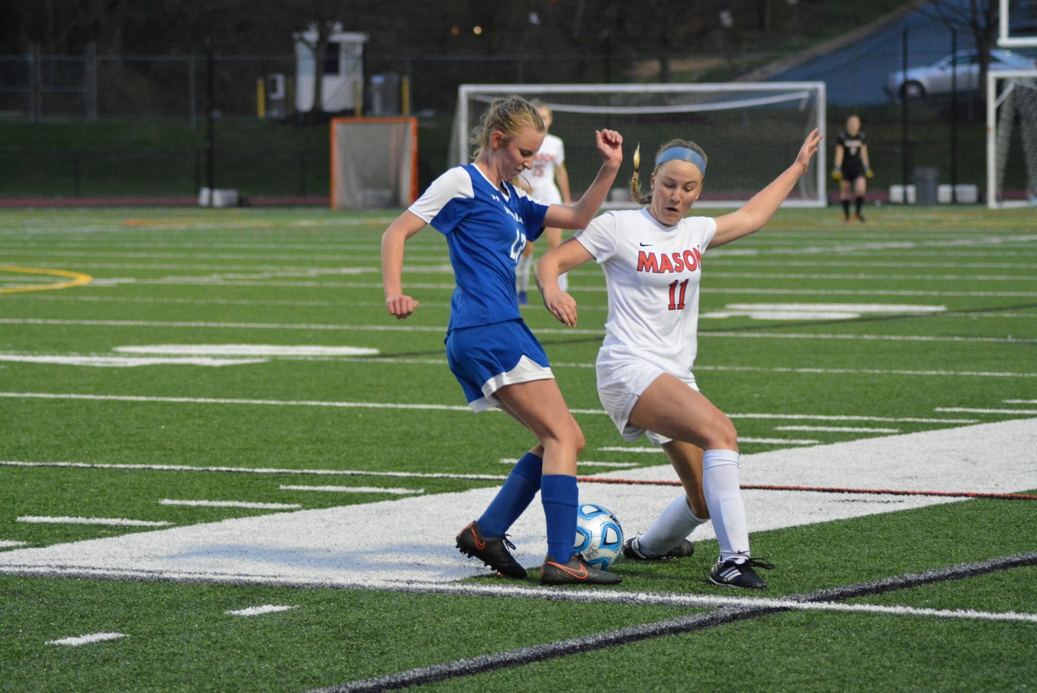 George Mason offensive wing Victoria Rund fights for ball control during the Mustangs' 4-2 victory over Madison High School Tuesday. (Photos: Carol Sly)
