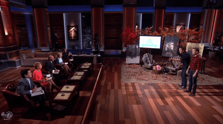 GEORGE Mason High School alum Pete Davis (green shirt) and business partner Jon Staff make a pitch to the “sharks” on “Shark Tank” last month. (Courtesy Photo)