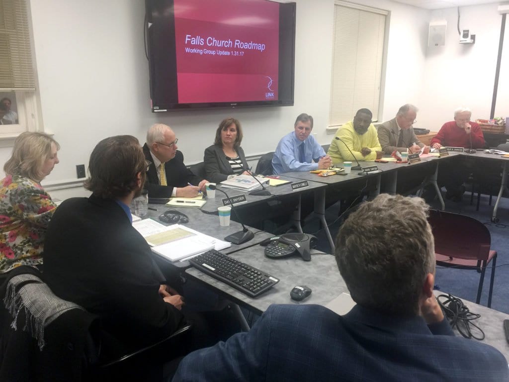 MEMBERS OF THE FALLS CHURCH City Council, shown here, sat across from their School Board counterparts in City Hall Tuesday night to discuss plans to bring the options for development of the George Mason High School to the public at a town hall meeting this Saturday from 9 a.m – noon. (Photo: News-Press)