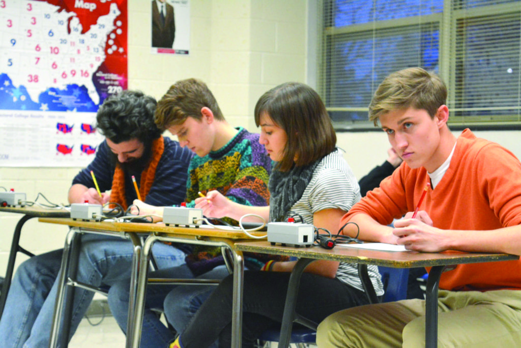 LEADING SCORERS ON GEORGE Mason’s Scholastic Bowl team Monday were (left to right) Jimmy Ferguson and Joseph Snitzer with help from Annie Parnell and Jack Rasmussen. Not pictured are Lindsey Stegenga, Cooper McGuire and Caleb Parnell. (Photo: Carol Sly)