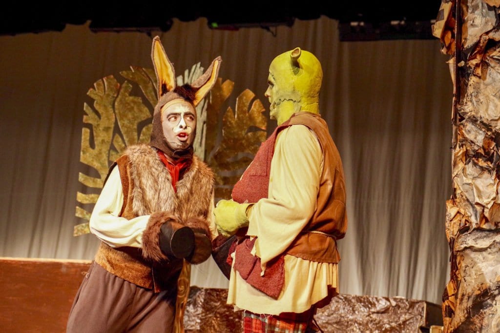 FALLS CHURCH HIGH SCHOOL’S Patrick Kearney and Carson Hopkins played Donkey and Shrek, respectively in the school’s production of “Shrek The Musical.” (Photo: Courtesy of Harley Hopkins)