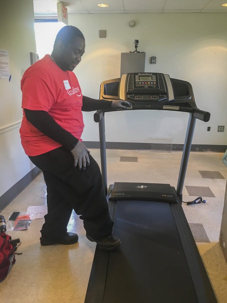 THROUGH AMAZON’S LOCAL LOVE program, Homestretch got two new treadmills as part of a new health and wellness center they opened up. (Courtesy Photo)