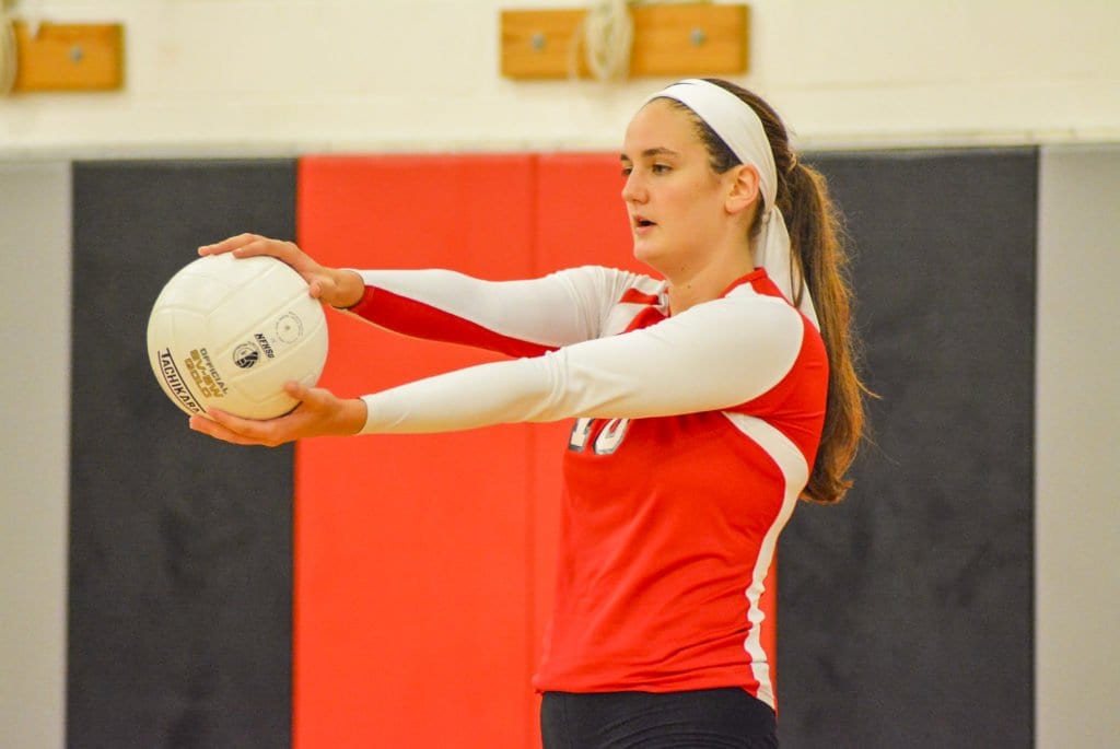 MASON SENIOR HITTER KATE KARSTENS gets ready to serve the volleyball in an early season match for the Mustangs. Karstens recently gave her verbal commitment to play college volleyball at New York University. She told the News-Press that she plans to study economics and jouranlism. The Mustangs’ senior night is Thursday, Oct. 27. (Photo: Carol Sly)
