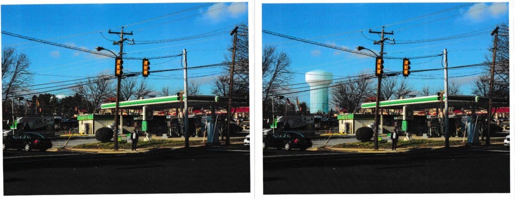 BEFORE AND AFTER. A rendering of what a new water tank (right) would look like in the City of Falls Church, viewed from the corner of Roosevelt and Wilson Blvd. (Courtesy: Fairfax Water Authority) (left)