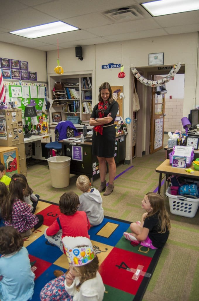 MT. DANIEL SCHOOL PRINCIPAL ERIN KELLY speaks to kindergarten students in David Sikora’s class at the school on Friday, Oct. 7. (Photo: Drew Costley/News-Press)