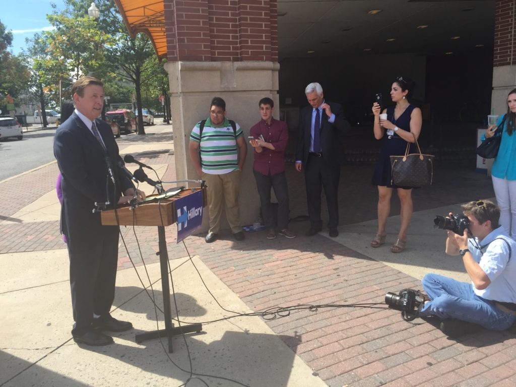REP. DON BEYER (left) speaks to the press in North Arlington Monday morning. (Photo: News-Press)