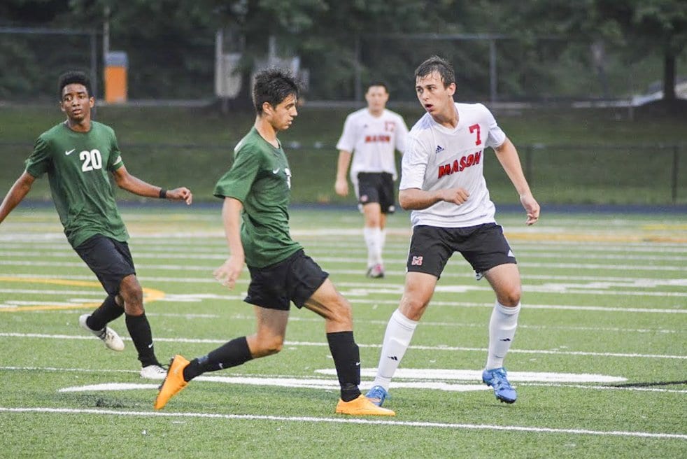 MASON SENIOR FORWARD ELLIOT MERCADO led the Mustangs in scoring in the team's state championship win against Bruton High School with a hat trick. (Photo: Carol Sly)