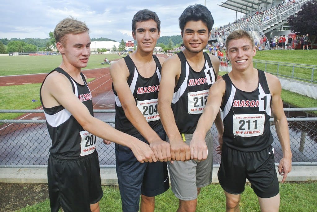 MASON'S (l to r) Ryan Henderson, Bill Comstock, James Schneider and Matt Mineo pose for a photo at the Virginia High School League's state track and field championship over the weekend. (Photo: Courtesy of Matthew Mineo)