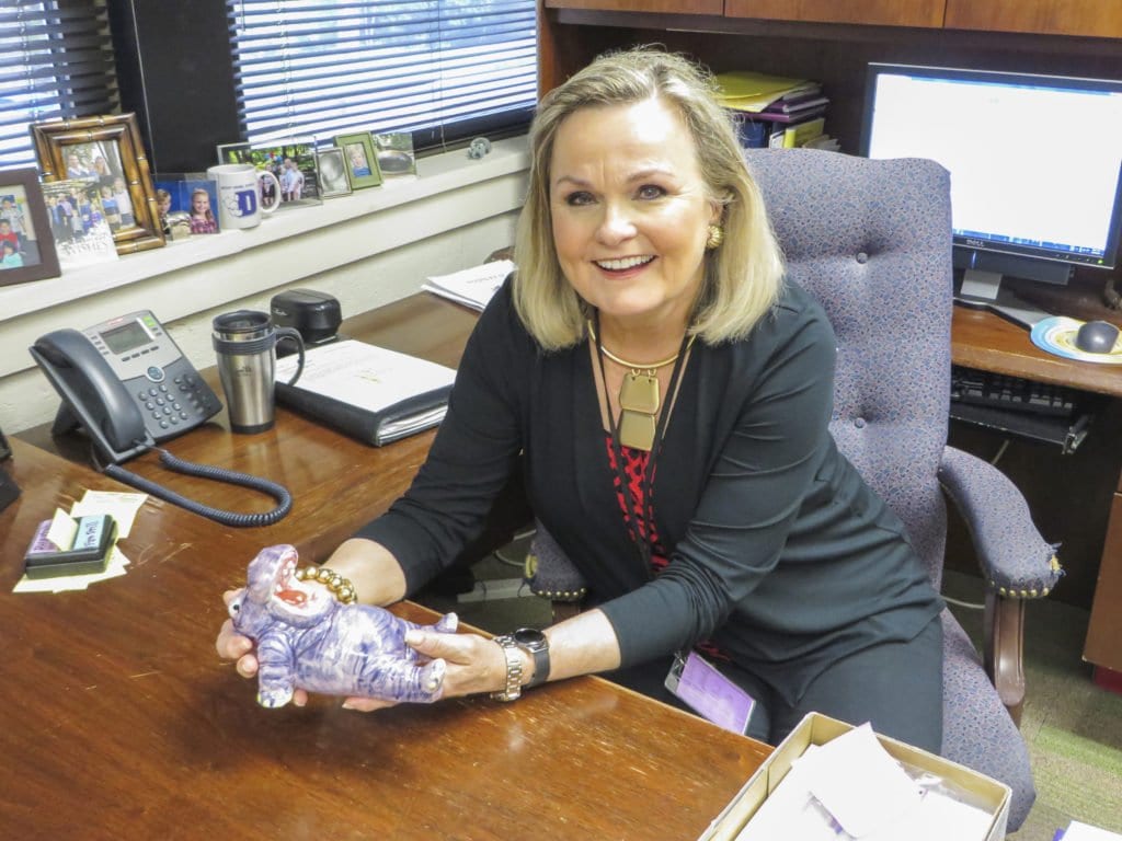 MOUNT DANIEL SCHOOL'S Kathleen Halayko sits in her office with a plush of the school’s mascot, Danny the Hippo, in the photo above. Halayko was chosen by Falls Church City’s Recreation and Parks board as the Grand Marshal of this year’s Memorial Day Parade. (Photo: Patricia Leslie/News-Press)