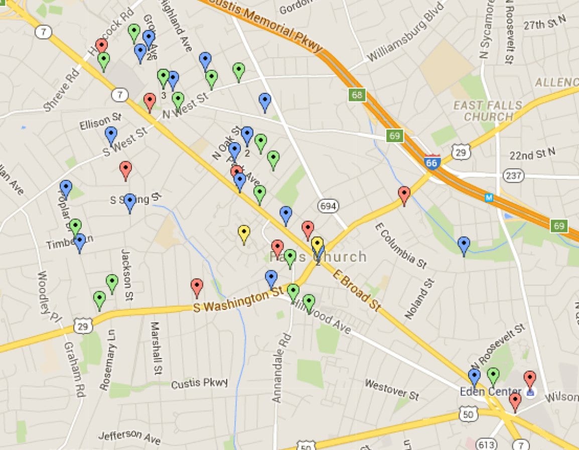 THE MAP ABOVE SHOWS where vehicle burglaries occured throughout Falls Church City, according to the City of Falls Church Police Department’s crime reports, over the last year. In 2015, there were 50 instances of thefts from auto reported to the police. (Source: Falls Church Police Department)
