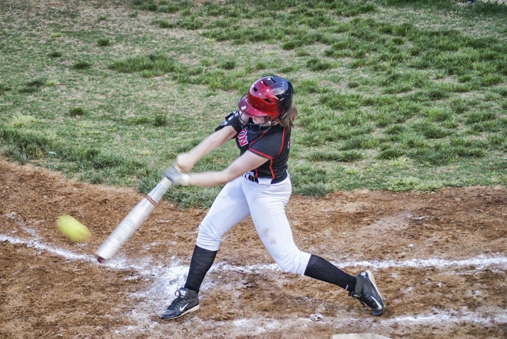 Mason junior Tea Abbracciamento drove in the Mustangs’ first run against Riverside High School. (Photo: Carol Sly)