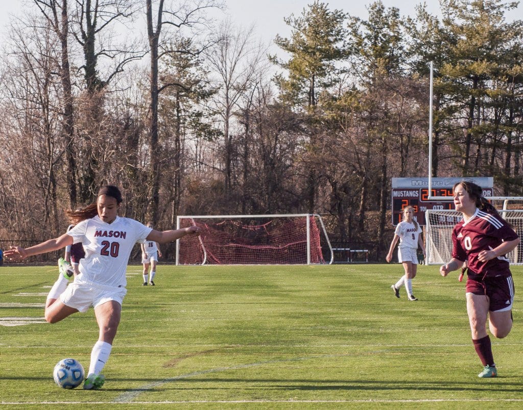 Mason junior midfielder Rebecca Crouch (left) had the assist on the Mustangs’ only goal against Yorktown High School on Tuesday, March 15. (Photo: Drew Costley/News-Press)