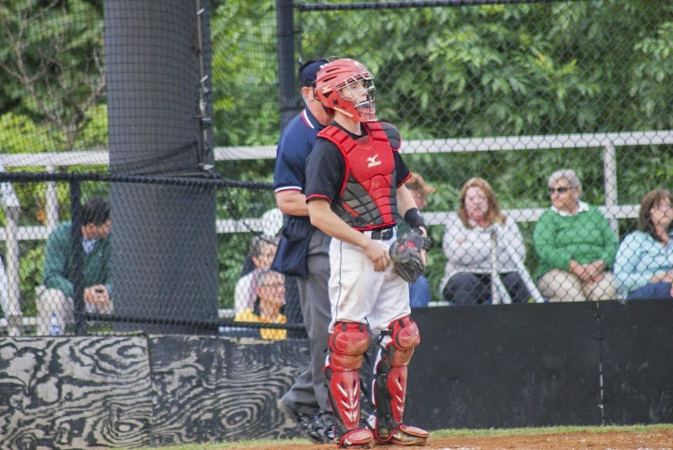 MASON SENIOR MARSDEN DAVIS is anchoring the Mustangs’ baseball team’s defensive effort behind the plate at catcher this season. (Photo: Carol Sly)