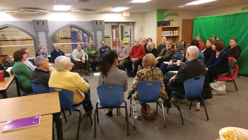 MEMBERS OF THE City Council invited leaders of the City’s volunteer boards and commissions to offer insights and suggestions on future plans at the Council’s planning retreat at the Jefferson Elementary School library Saturday.. (Photo: City of Falls Church)