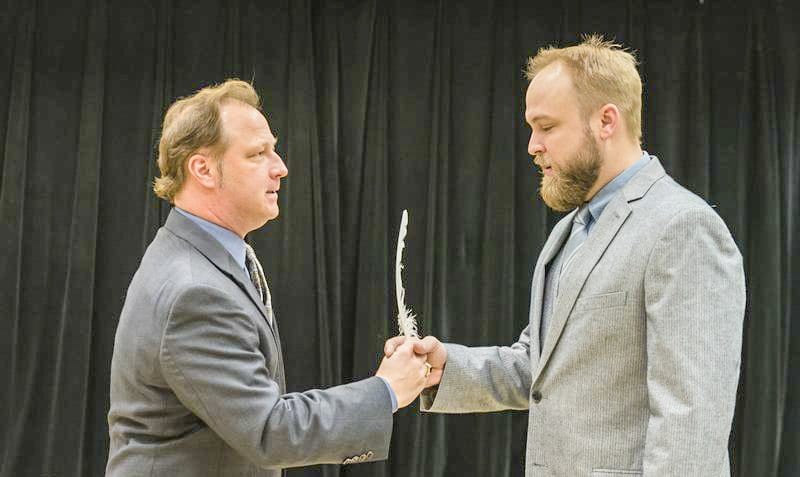 John Adams, played by Brent Stone, convinces Thomas Jefferson, played by Scott Gustaveson, to write the Declaration during a rehearsal of the McLean Community Players’ “1776.” (Photo: Courtesy Irish Eyes Photography by Toby)