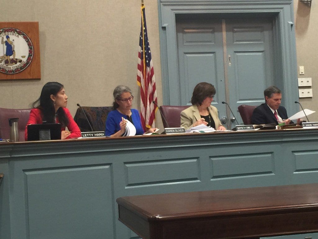NEWLY SEATED Falls Church City Council member Letti Hardi (far left) joined (left to right) Karen Oliver, newly-elected Vice Mayor Mary Beth Connelly and re-elected Mayor David Tarter on the Council dais Monday night. (Photo: News-Press)