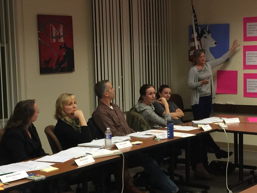 DURING MONDAY NIGHT'S meeting of the Falls Church Schools' Special Education Advisory Committee (SPEAC), School Board candidate and committee chair Becky Smerdon is shown standing leading the group. (News-Press photo)