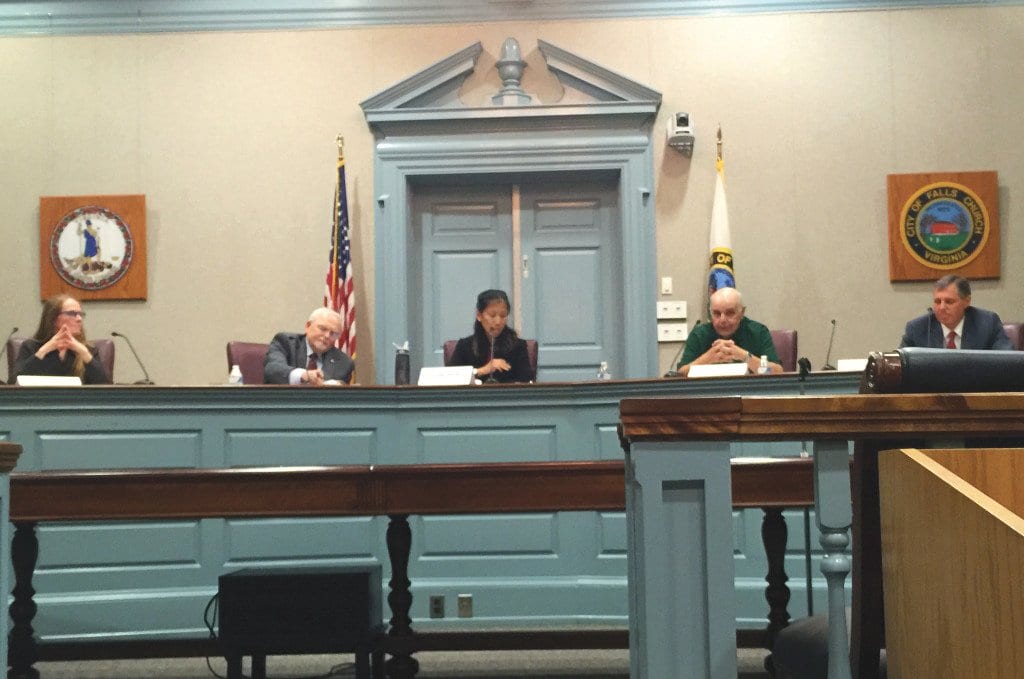 THE FIVE CANDIDATES vying for three seats on the Falls Church City Council in the upcoming November election fielded a wide range of questions from a packed house in the F.C. City Hall Council chambers last week at a forum co-sponsored by the F.C. League of Women Voters and the Village Preservation and Improvement Society. Left to right, the candidates are Johannah Barry, Phil Duncan, Letty Hardi, Sam Mabry and David Tarter. (Photo: News-Press)