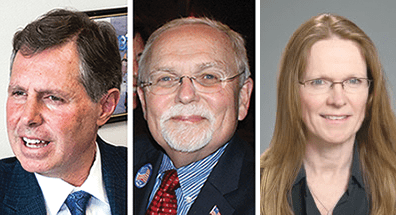 FALLS CHURCH Mayor David Tarter (left), councilmember Phil Duncan (center) and former councilmember Johannah Barry are the only ones so far to have taken steps to run in this November’s Falls Church City Council election. (Photos: News-Press & Courtesy)