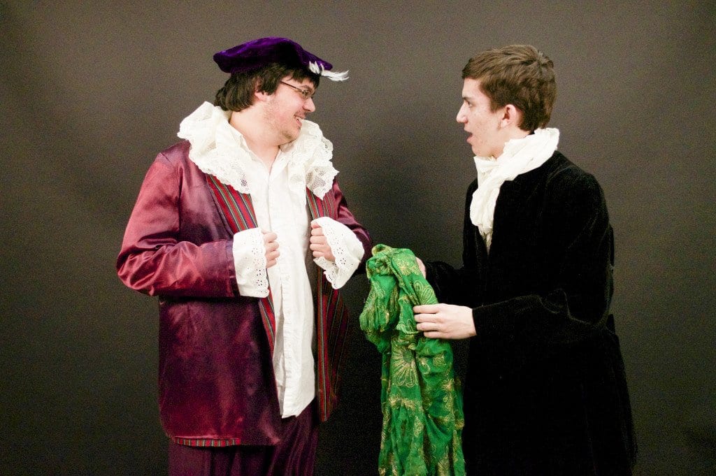 Justin Valentino, star of George Mason High School’s production of “Bourgeois Gentleman,” rehearses with Peter Carr in the image above. The play, written by Moliere, pokes fun of social climbing in 17th century Paris. Mason’s production at the play opens tonight. (Photo: Courtesy of Anna Connole)