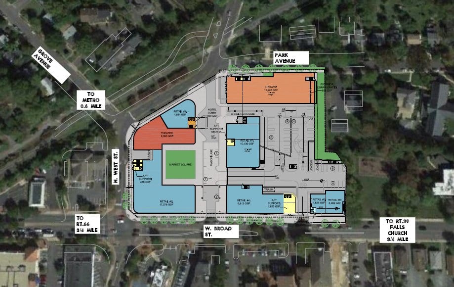 Mason Row Developers revealed plans last Friday to house a City library at the site of its proposed development at West Broad Street and North West Street. The area in orange in the image above is one of the proposed placements of the library. (Rendering Courtesy of GTM Architects)
