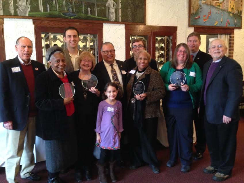 The Falls Church City Republican Committee honored five local citizens yesterday at a reception at the Italian Cafe on Lee Highway. Holding their awards (l to r) are Margarette Shovlin, Lindy Hockenberry, Nikki Henderson (with her husband and co-award recipient, Ed and Betty Coll. (Photo: Ken Feltman)