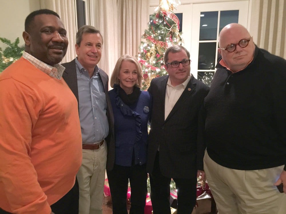 AT A FALLS CHURCH AREA fundraiser for Kathy Murphy last month, F.C. School Board member Lawrence Webb (left) was joined by (l. to r.) State Del. Rip Sullivan, Murphy, State Sen. Adam Ebbin and Democratic activist Craig Hines. Murphy won the special election this Tuesday. (Photo: News-Press)