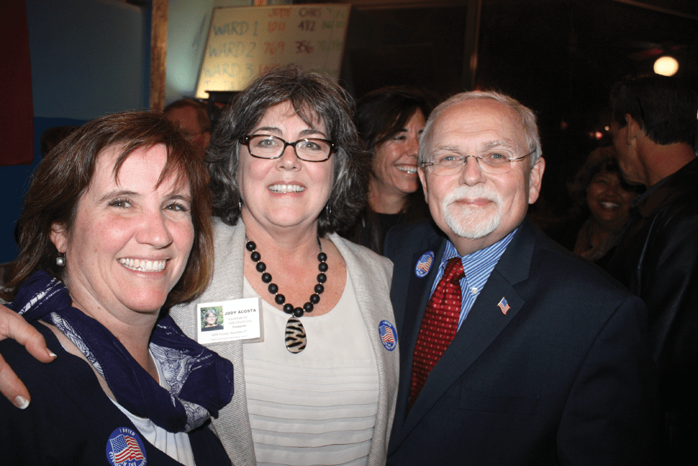 JODY ACOSTA (CENTER) CELEBRATES her victory in F.C.’s treasurer’s race with F.C. councilmembers Marybeth Connelly and Phil Duncan at Clare & Don’s Tuesday night. (Photo: News-Press)
