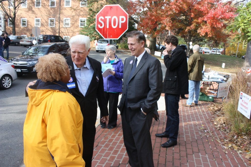 AT THE COMMUNITY CENTER voting precinct, Rep. Jim Moran and Hon. Don Beyer, running to fill the seat being vacated by Moran's retirement chat with Nikki Henderson, a local civil rights activist, (Photo: News-Press)