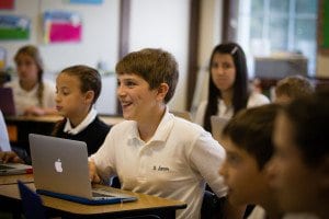 Stephen DeCelle (center) and Sofia Valinote (left) of Mrs. Turner's 6th grade class at St. James Catholic School. (Courtesy Photo)