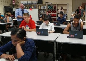 Students at George Mason High School receive a tutorial on how to use their school-provided laptops during the one of the daily training sessions that FCCPS are holding throughout the month of August to educate students and parents on how to appropriately use the laptops. FCCPS is providing laptops to every student at George Mason as part of the school system’s personalized learning initiative, which starts this school year. (Photo: Courtesy of FCCPS)
