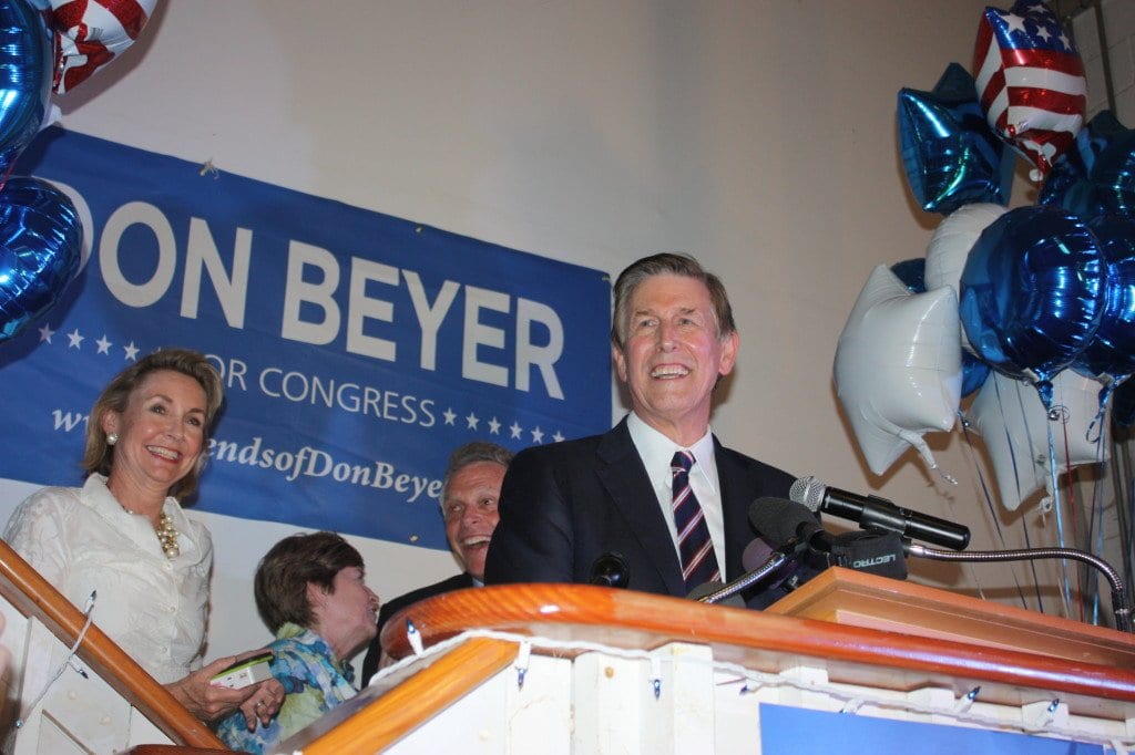AT HIS VICTORY PARTY in Alexandria tonight, Don Beyer exudes euphoria in his remarks, as did (behind him) Gov. Terry McAuliffe and Don's wife, Megan (left) and former State Sen. Mary Margaret Whipple. (Photo: News-Press)