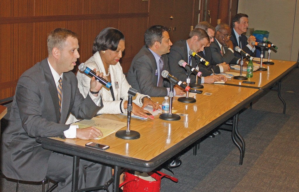 THE SEVEN CANDIDATES still in the race for the Democratic nomination in Tuesday’s primary election appeared together one last time in North Arlington last Friday night. They are (left to right) State Del. Patrick Hope, Lavern Chatman, Mark Levine, Derek Hyra, State Sen. Adam Ebbin, Alexandria Mayor Bill Euille and former Virginia Lieutenant Governor Don Beyer. Polls will be open at all three of Falls Church’s election precincts from 6 a.m. – 7 p.m. Tuesday . (Photo: News-Press)
