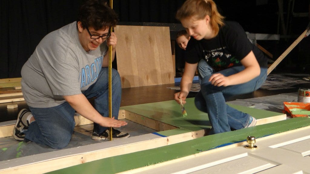 Tech rehearsal for the Falls Church High School play "Plaza Suite" with Director Phillip Reid and student Jaci Cannon (right).