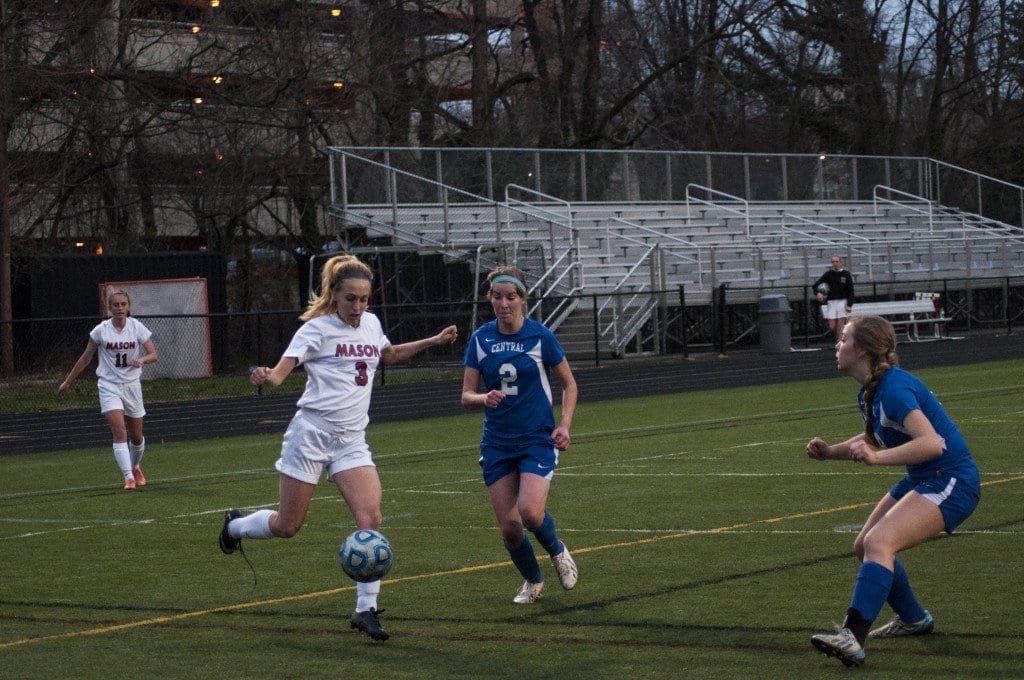 George Mason junior midfielder/forward Ava Roth gets ready to launch a strike against the Central Falcons. Roth scored 10 goals in the Mustangs’ first six games of the season. (Photo: Drew Costley)