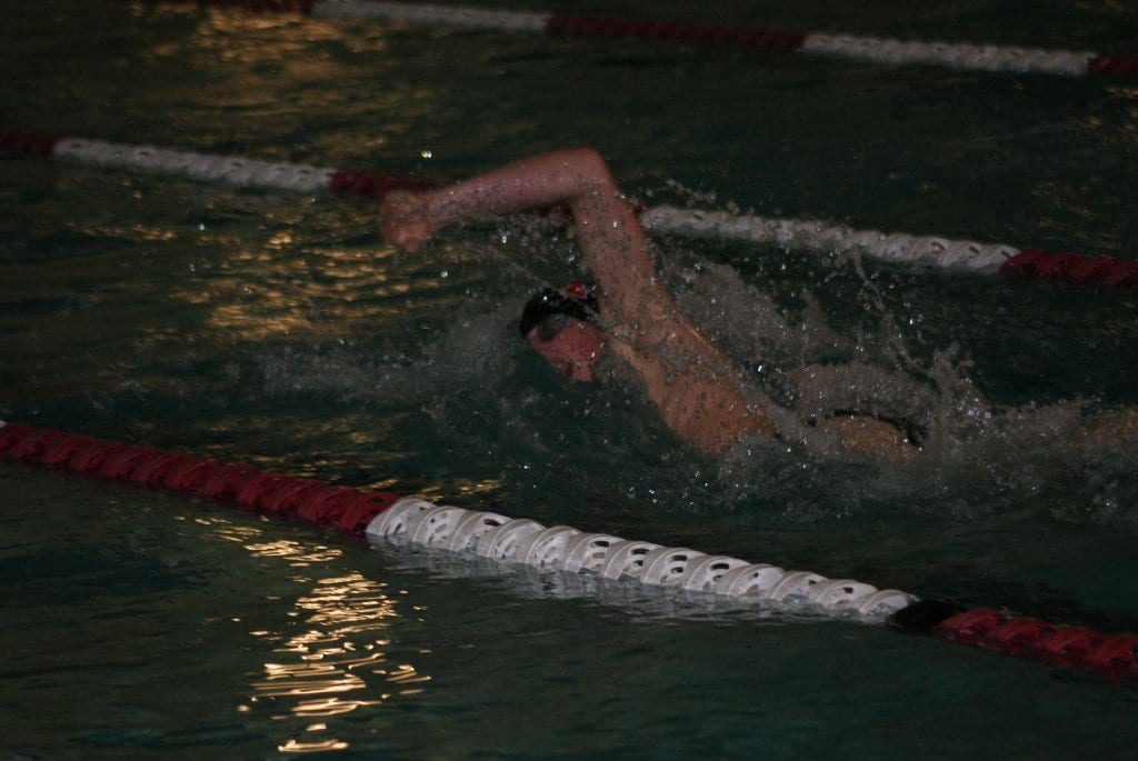 Mason’s Miller Surette started off the 400-yard freestyle relay for the Mustangs at their first meet of the season last Saturday. The team placed first with a VHSL state meet qualifying time of 3:30.06. Surette also set two personal records, in the 500-yard freestyle and the 200-yard individual medley, qualifying for states in both events. (Photo: Courtesy Carol Sly)