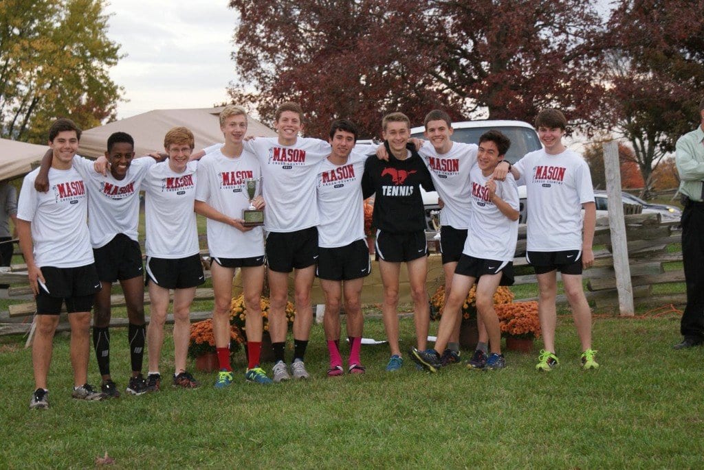 Both Mason cross-country teams took home trophies for first-place finishes at the Conference 35 championship meet last Wednesday at New Market Battlefield. Pictured above, from left to right, are Mason boys runners Austin Gogal, Beamlak Hailemariam, James Pala, Jackson Jost, Truman Custer, John Marshall, David Drawbaugh, Preston Custer, Julian Grippo, and Justin Divecha. Pictured below, from left to right, are Mason girls runners Mia Sawyer, Anna Sawyer, Blaise Sevier, Grace Eye, Lauren Meinhart, Brooke Meinhart, Coral Gillette, Megan Jenkins, and Kaitlin Kutchma.