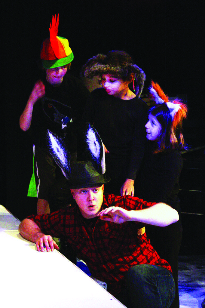 The Brothers Grimm tale “Brementown Musicians” will be performed by award-winning actor Stephen Gregory Smith (bottom) with student actors including (from left to right) Charlie Adams, Maya Wrona, and Morgan Beltson. (Photo: Courtesy Amanda Lovins)
